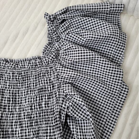 Smocked Gingham Boho Top Black & White Butterfly Sleeve Blouse Size S/M Milkmaid - Picture 8 of 10